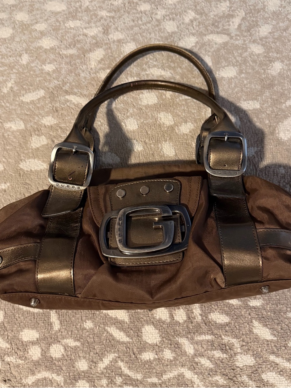 Guess Brown Fabric and Dark Brown Leather Accent Tote with G Buckle Y2K EUC